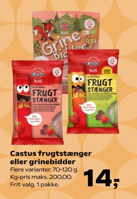Castus frugtstænger eller grinebidder Flere varianter. 70-120 g. Kg-pris maks. 200,00. Frit valg. 1 pakke. – Kvickly