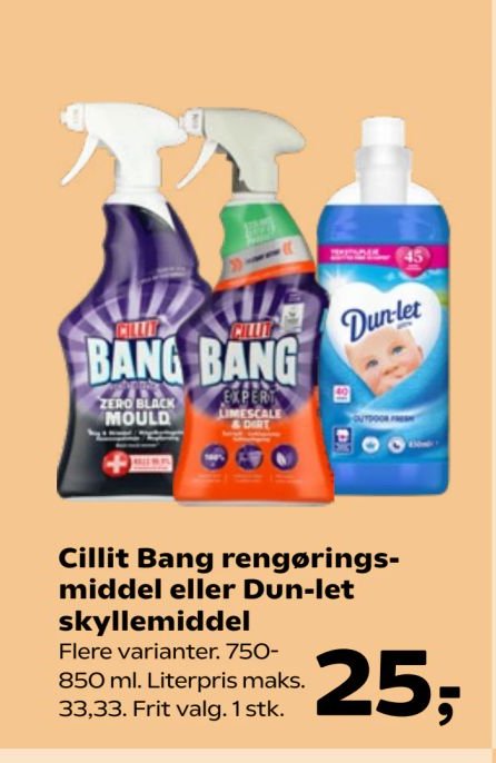 Cillit Bang rengøringsmiddel eller Dun-let skyllemiddel Flere varianter. 750-850 ml. Literpris maks. 33,33. Frit valg. 1 stk. – Kvickly