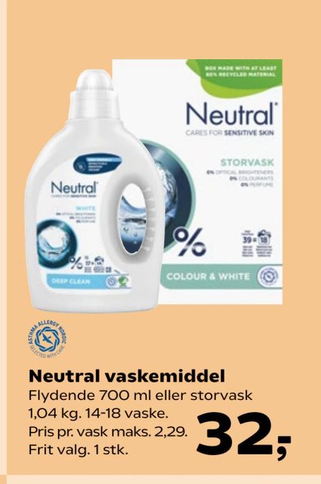 Neutral vaskemiddel Flydende 700 ml eller storvask 1,04 kg. 14-18 vaske. Pris pr. vask maks. 2,29. Frit valg. 1 stk. – Kvickly