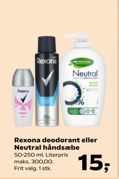 Rexona deodorant eller Neutral håndsæbe 50-250 ml. Literpris maks. 300,00. Frit valg. 1 stk. – Kvickly