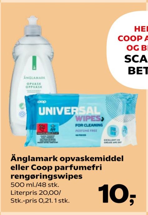 Änglamark opvaskemiddel eller Coop parfumefri rengøringswipes 500 ml./48 stk. Literpris 20,00/ Stk.-pris 0,21. 1 stk. – Kvickly