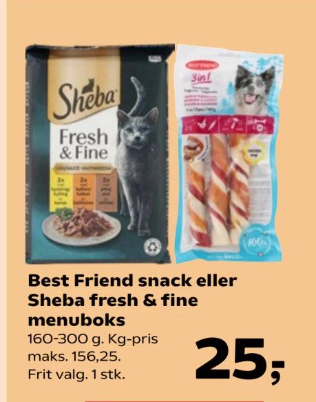 Best Friend snack eller Sheba fresh & fine menuboks 160-300 g. Kg-pris maks. 156,25. Frit valg. 1 stk. – Kvickly