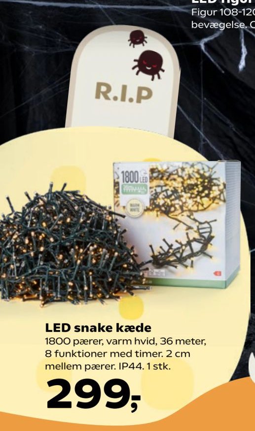 LED snake kæde 1800 pærer, varm hvid, 36 meter, 8 funktioner med timer. 2 cm mellem pærer. IP44. 1 stk. – Kvickly