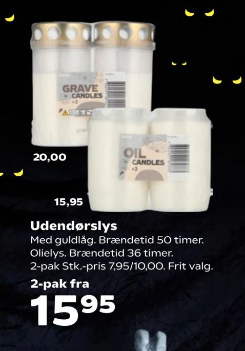 Udendørslys Med guldlåg. Brændetid 50 timer. Olielys. Brændetid 36 timer. 2-pak Stk.-pris 7,95/10,00. Frit valg. 2-pak fra – Kvickly