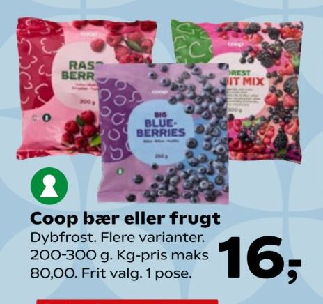Coop bær eller frugt Dybfrost. Flere varianter. 200-300 g. Kg-pris maks 80,00. Frit valg. 1 pose. – Kvickly