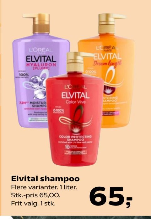 Elvital shampoo Flere varianter. 1 liter. Stk.-pris 65,00. Frit valg. 1 stk. – Kvickly