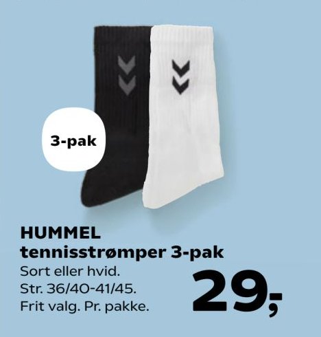 HUMMEL tennistrømper 3-pak Sort eller hvid. Str. 36/40-41/45. Frit valg. Pr. pakke. – Kvickly