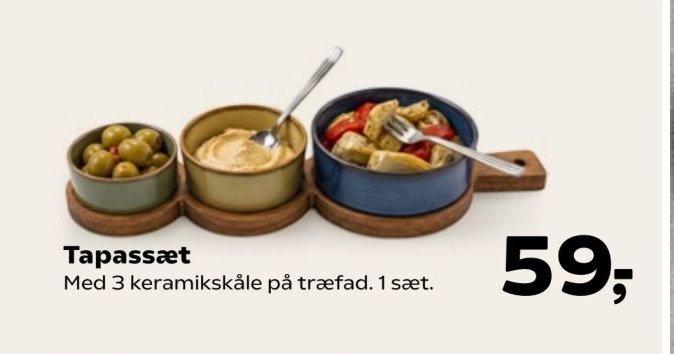 Tapassæt Med 3 keramikskåle på træfad. 1 sæt. – Kvickly