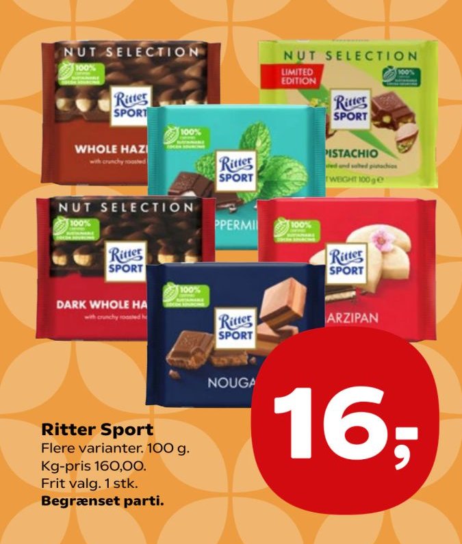 Ritter Sport Flere varianter, 100 g. Kg-pris 160,00. Frit valg. 1 stk. – Kvickly
