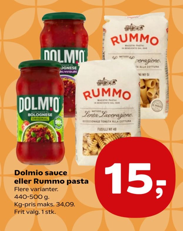 Dolmio sauce eller Rummo pasta Flere varianter. 440-500 g. Kg-pris maks. 34,09. Frit valg. 1 stk. – Kvickly
