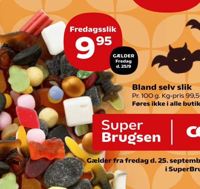 Bland selv slik Pr. 100 g. Kg-pris 99,50. Føres ikke i alle butikker. – Kvickly