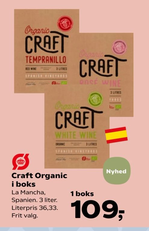 Craft Organic i boks La Mancha, Spanien. 3 liter. Literpris 36,33. Frit valg. – Kvickly