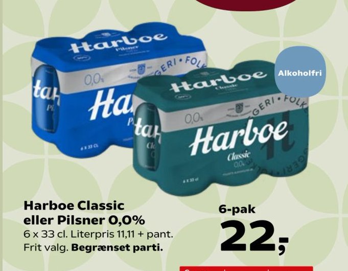 Harboe Classic eller Pilsner 0,0% 6 x 33 cl. Literpris 11,11 + pant. Frit valg. Begrænset parti. – Kvickly