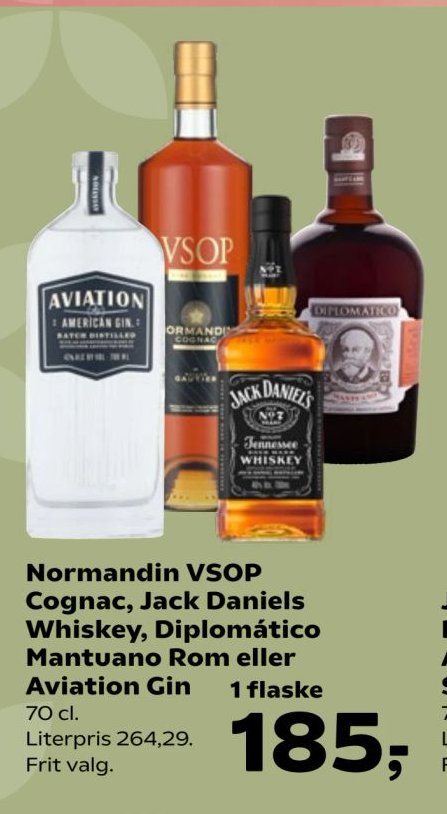 Normandin VSOP Cognac, Jack Daniels Whiskey, Diplomático Mantuano Rom eller Aviation Gin 70 cl. – Kvickly