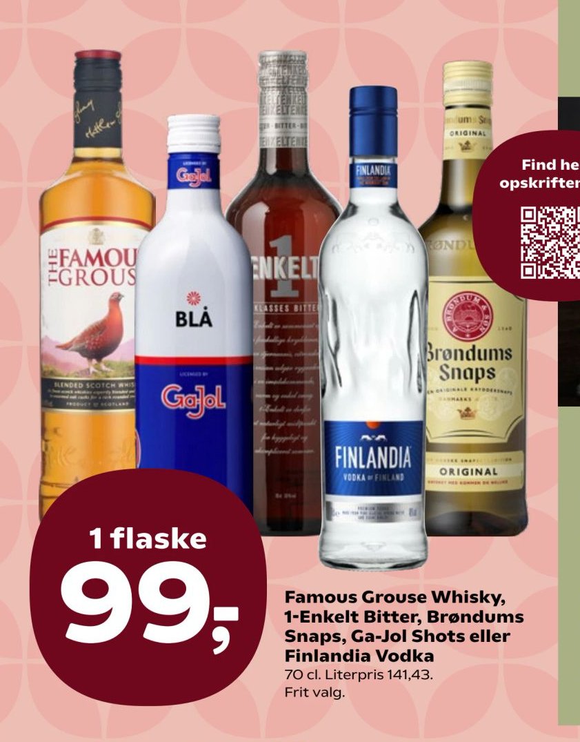 Famous Grouse Whisky, 1-Enkelt Bitter, Brøndums Snaps, Ga-Jol Shots eller Finlandia Vodka 70 cl. Literpris 141,43. Frit valg. – Kvickly
