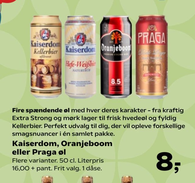 Kaiserdom, Oranjeboom eller Praga øl Flere varianter. 50 cl. Literpris 16,00 + pant. Frit valg. 1 dåse. – Kvickly