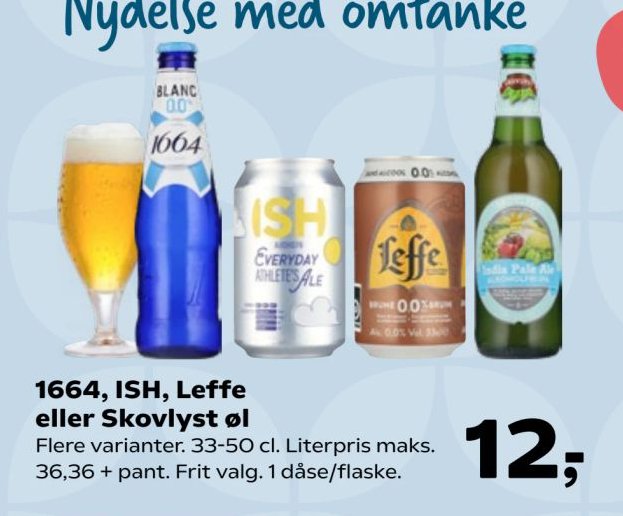 1664, ISH, Leffe eller Skovlyst øl Flere varianter. 33-50 cl. Literpris maks. 36,36 + pant. Frit valg. 1 dåse/flaske. – Kvickly