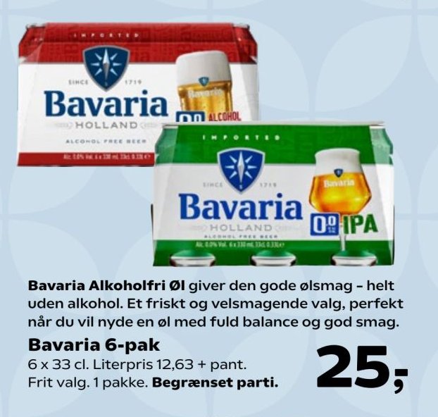 Bavaria 6-pak 6 x 33 cl. Literpris 12,63 + pant. Frit valg. 1 pakke. Begrænset parti. – Kvickly