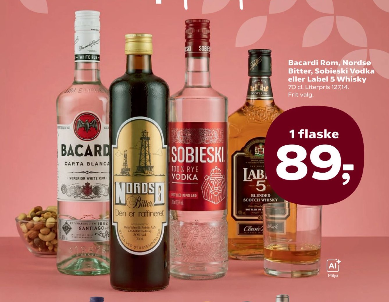 Bacardi Rom, Nordsø Bitter, Sobieski Vodka eller Label 5 Whisky 70 cl. Literpris 127,14. Frit valg. – Kvickly