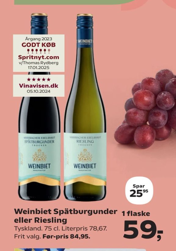 Weinbiet Spätburgunder eller Riesling Tyskland. 75 cl. Literpris 78,67. Frit valg. – Kvickly