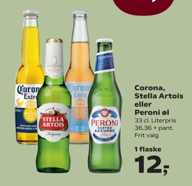 Corona, Stella Artois eller Peroni øl 33 cl. Literpris 36,36 + pant. Frit valg 1 flaske – Kvickly