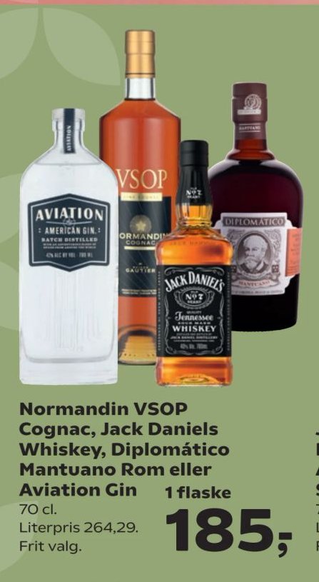Normandin VSOP Cognac, Jack Daniels Whiskey, Diplomático Mantuano Rom eller Aviation Gin 1 flaske 70 cl. – Kvickly