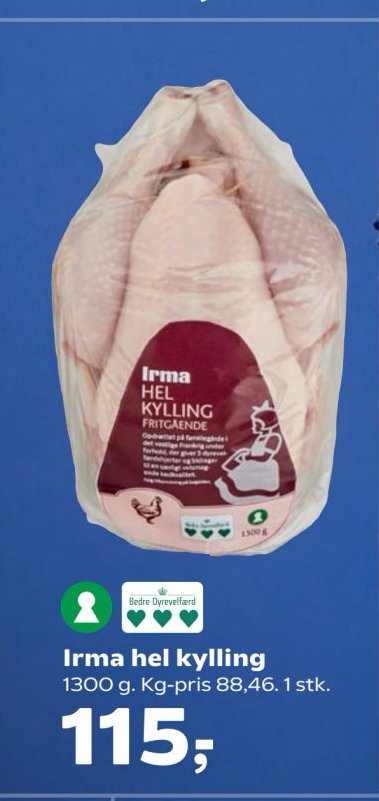 Irma hel kylling 1300 g. Kg-pris 88,46. 1 stk. – Kvickly