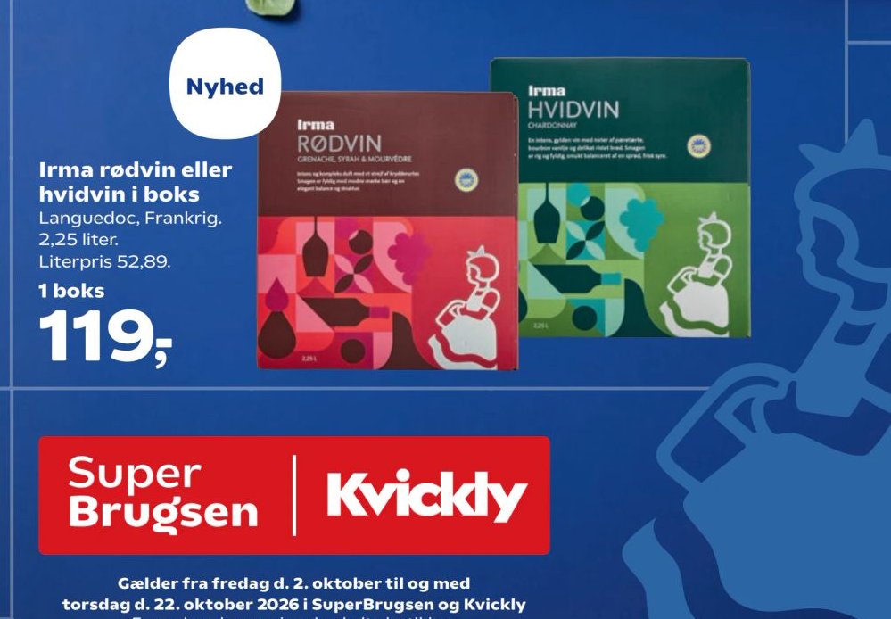 Irma rødvin eller hvidvin i boks 2,25 liter. Literpris 52,89. 1 boks – Kvickly