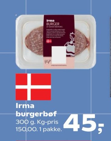 Irma burgerbøf 300 g. Kg-pris 150,00. 1 pakke. – Kvickly