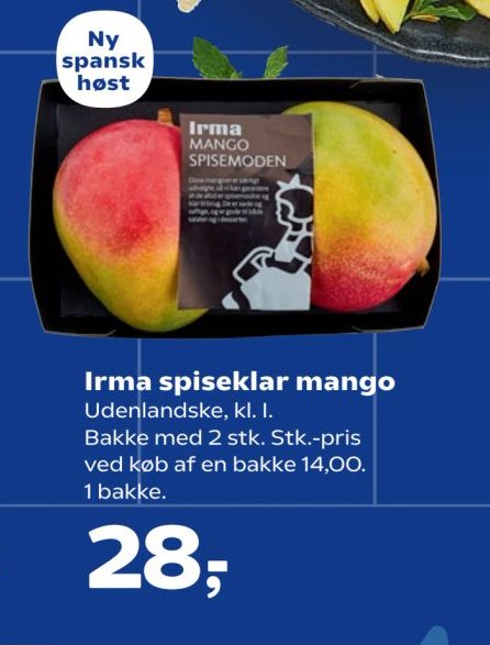 Irma spiseklar mango Udenlandske, kl. I. Bakke med 2 stk. Stk.-pris ved køb af en bakke 14,00. 1 bakke. – Kvickly