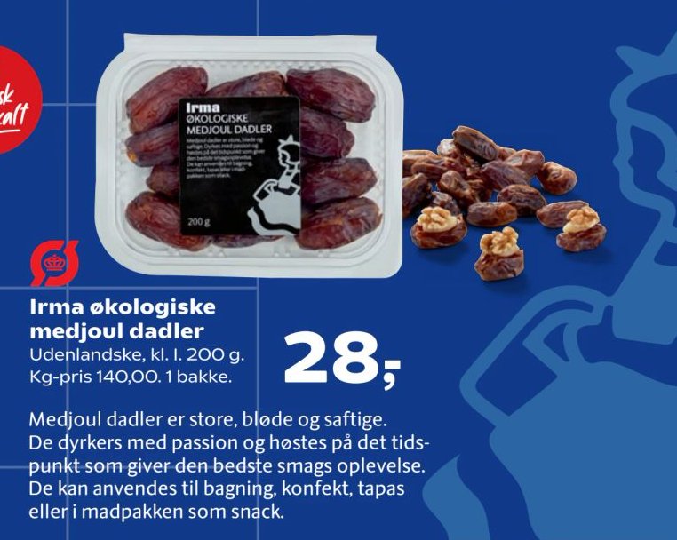 Irma økologiske medjoul dadler Udenlandske, kl. I. 200 g. 1 bakke. – Kvickly