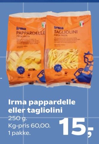 Irma pappardelle eller tagliolini 250 g. Kg-pris 60,00. 1 pakke. – Kvickly
