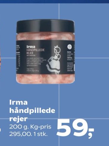 Irma håndpillede rejer 200 g. Kg-pris 295,00. 1 stk. – Kvickly