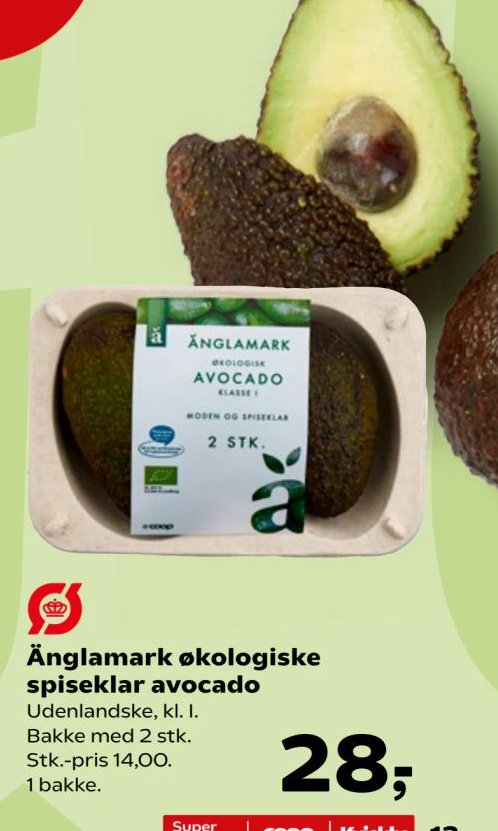Änglamark økologiske spiseklar avocado Udenlandske, kl. I. Bakke med 2 stk. Stk.-pris 14,00. 1 bakke. – Kvickly