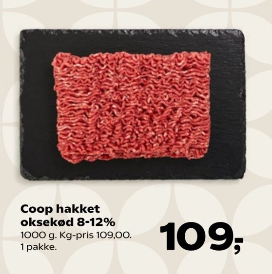 Coop hakket oksekød 8-12% 1000 g. Kg-pris 109,00. 1 pakke. – Kvickly