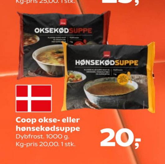 Coop okse- eller hønsekødsuppe Dybfrost. 1000 g. Kg-pris 20,00. 1 stk. – Kvickly