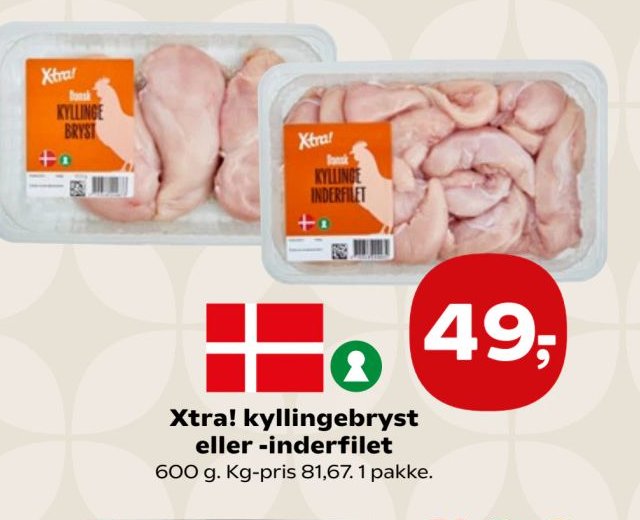 Xtra! kyllingebryst eller -inderfilet 600 g. Kg-pris 81,67. 1 pakke. – Kvickly