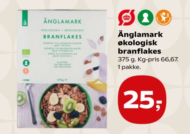 Änglamark økologisk branflakes 375 g. Kg-pris 66,67. 1 pakke. – Kvickly
