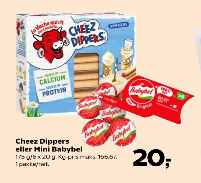 Cheez Dippers eller Mini Babybel 175 g/6 x 20 g. Kg-pris maks. 166,67. 1 pakke/net. – Kvickly