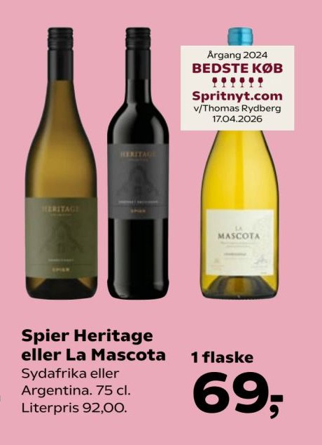 Spier Heritage eller La Mascota Sydafrika eller Argentina. 75 cl. Literpris 92,00. – Kvickly