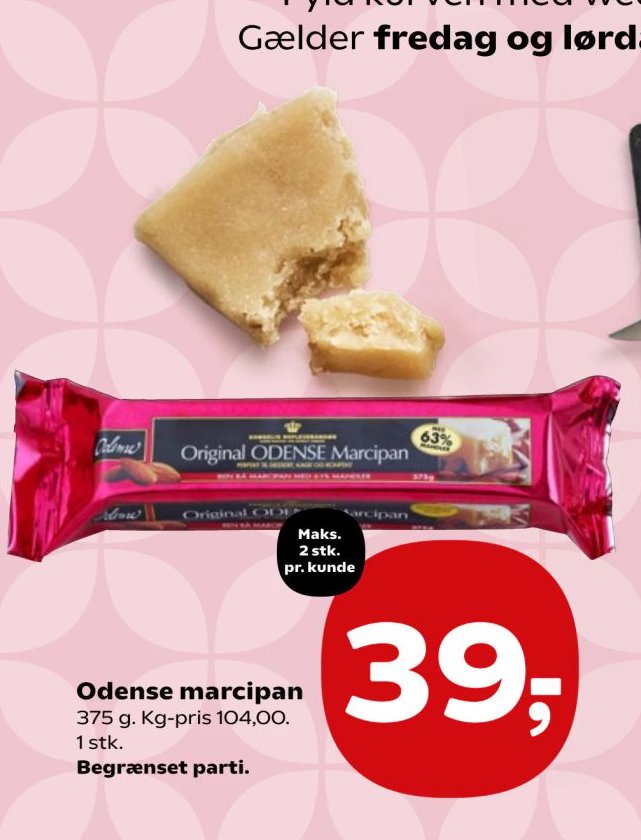 Odense marcipan 375 g. Kg-pris 104,00. 1 stk. – Kvickly