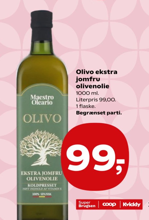 Olivo ekstra jomfru olivenolie 1000 ml. Literpris 99,00. 1 flaske. – Kvickly