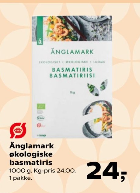 Änglamark økologiske basmatiris 1000 g. Kg-pris 24,00. 1 pakke. – Kvickly