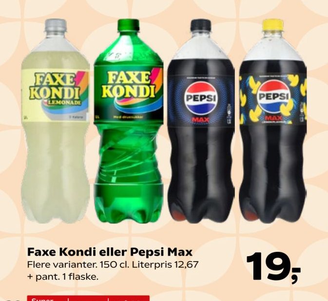 Faxe Kondi eller Pepsi Max Flere varianter. 150 cl. Literpris 12,67 + pant. 1 flaske. – Kvickly