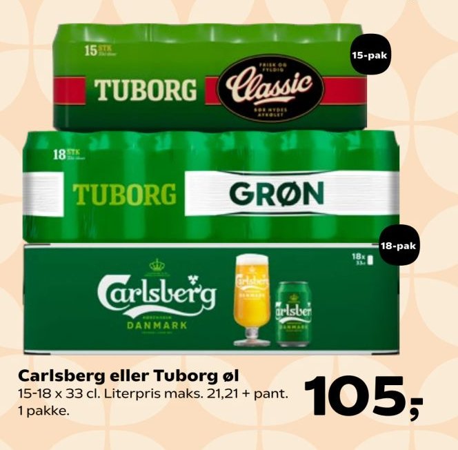 Carlsberg eller Tuborg øl 15-18 x 33 cl. Literpris maks. 21,21 + pant. 1 pakke. – Kvickly