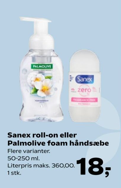 Sanex roll-on eller Palmolive foam håndsæbe Flere varianter. 50-250 ml. Literpris maks. 360,00. 1 stk. – Kvickly