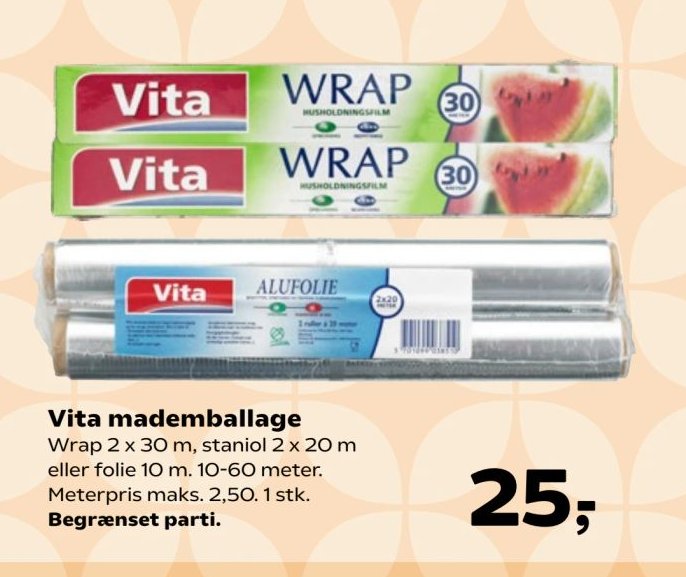 Vita mademballage Wrap 2 x 30 m, staniol 2 x 20 m eller folie 10 m. 10-60 meter. 1 stk. – Kvickly