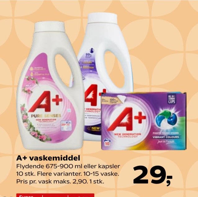 A+ vaskemiddel Flydende 675-900 ml eller kapsler 10 stk. Flere varianter. 1 stk. – Kvickly