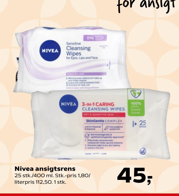 Nivea ansigtsrens 25 stk./400 ml. Stk.-pris 1,80/ literpris 112,50. 1 stk. – Kvickly