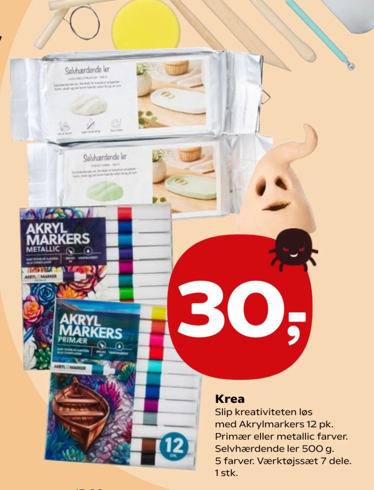 Krea Slip kreativiteten løs med Akrylmarkers 12 pk. Primær eller metallic farver. Selvhærdende ler 500 g. 5 farver. Værktøjssæt 7 dele. 1 stk. – Kvickly